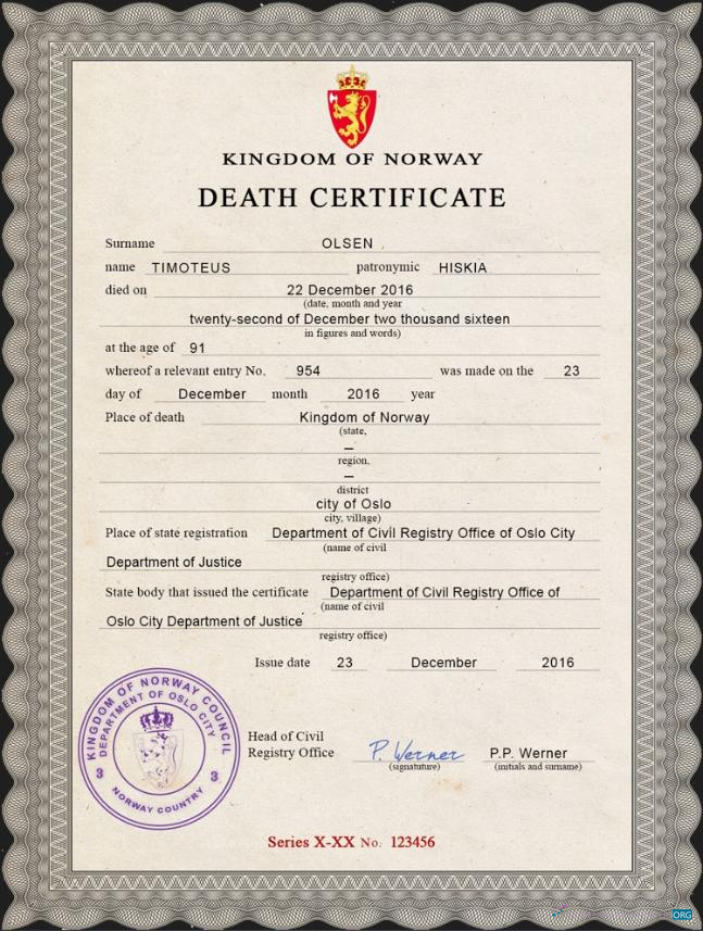 Download Norway vital record death certificate PSD template Photoshop template
